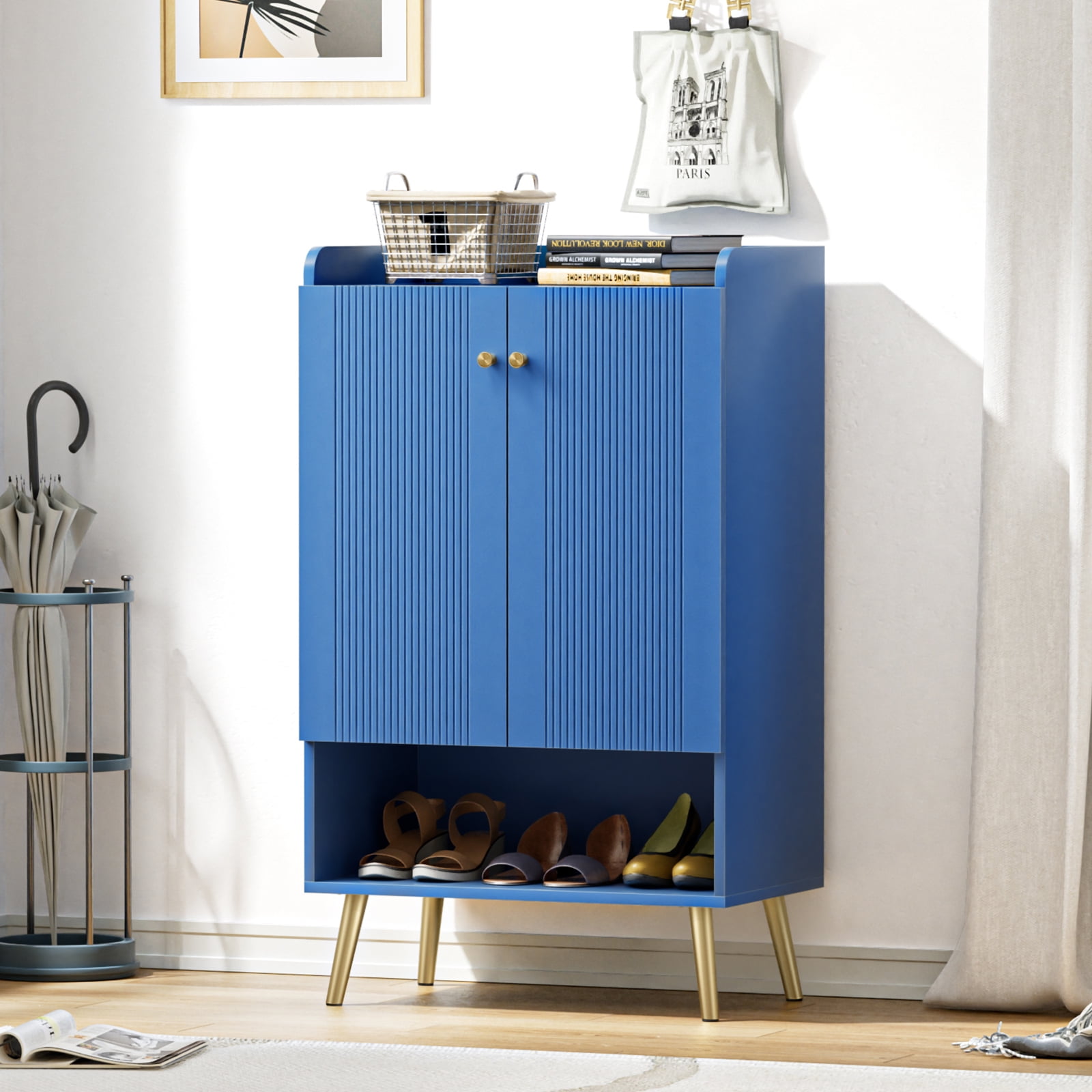 Eumyviv Modern Shoe Cabinet Free Standing Shoe Racks Storage Cabinet with 2 Doors and Open Shelf for Entryway Hallway Blue GS002