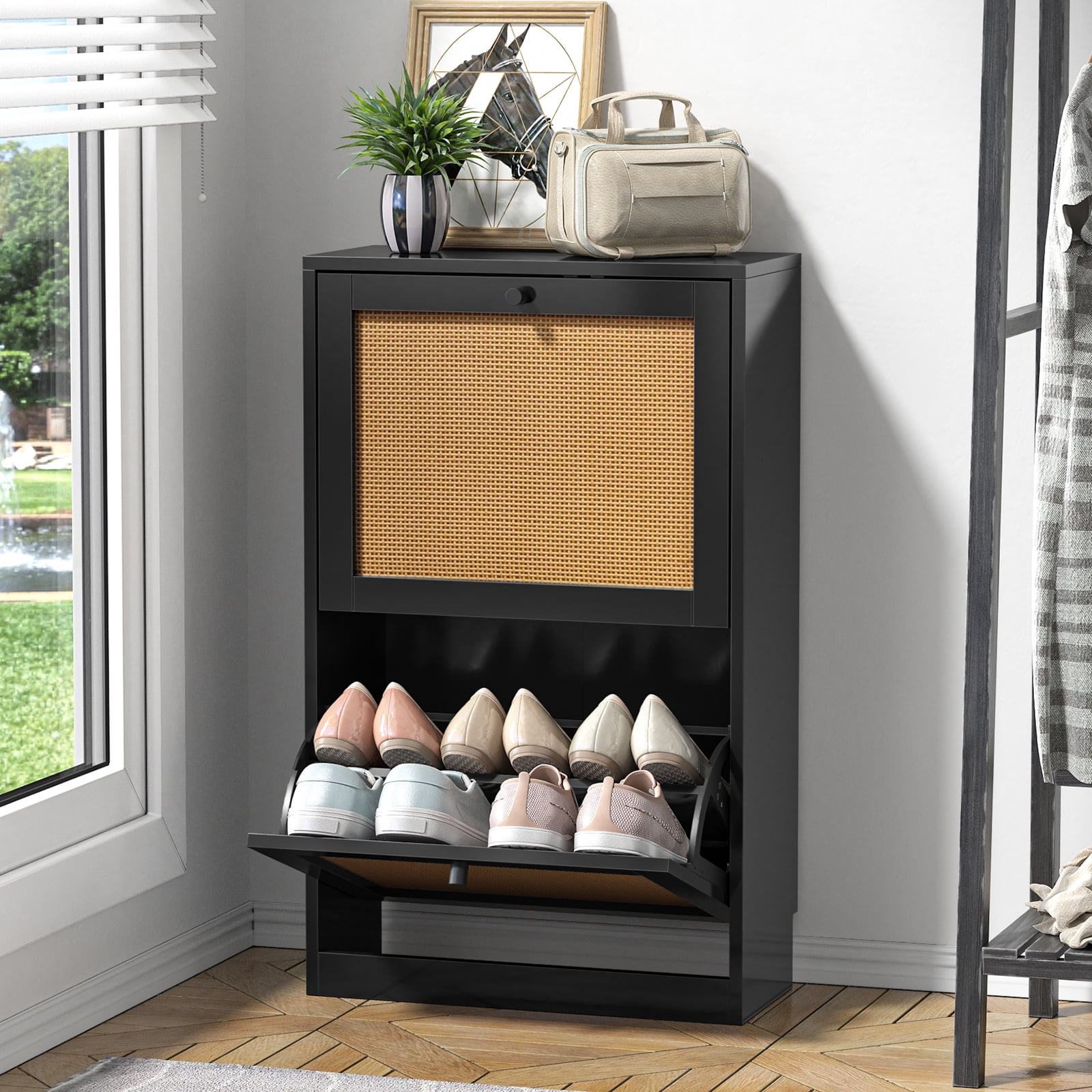 Eumyviv Rattan 2-Tiers Shoes Cabinet, Shoe Rack with 2 Flip-Drawers and ...
