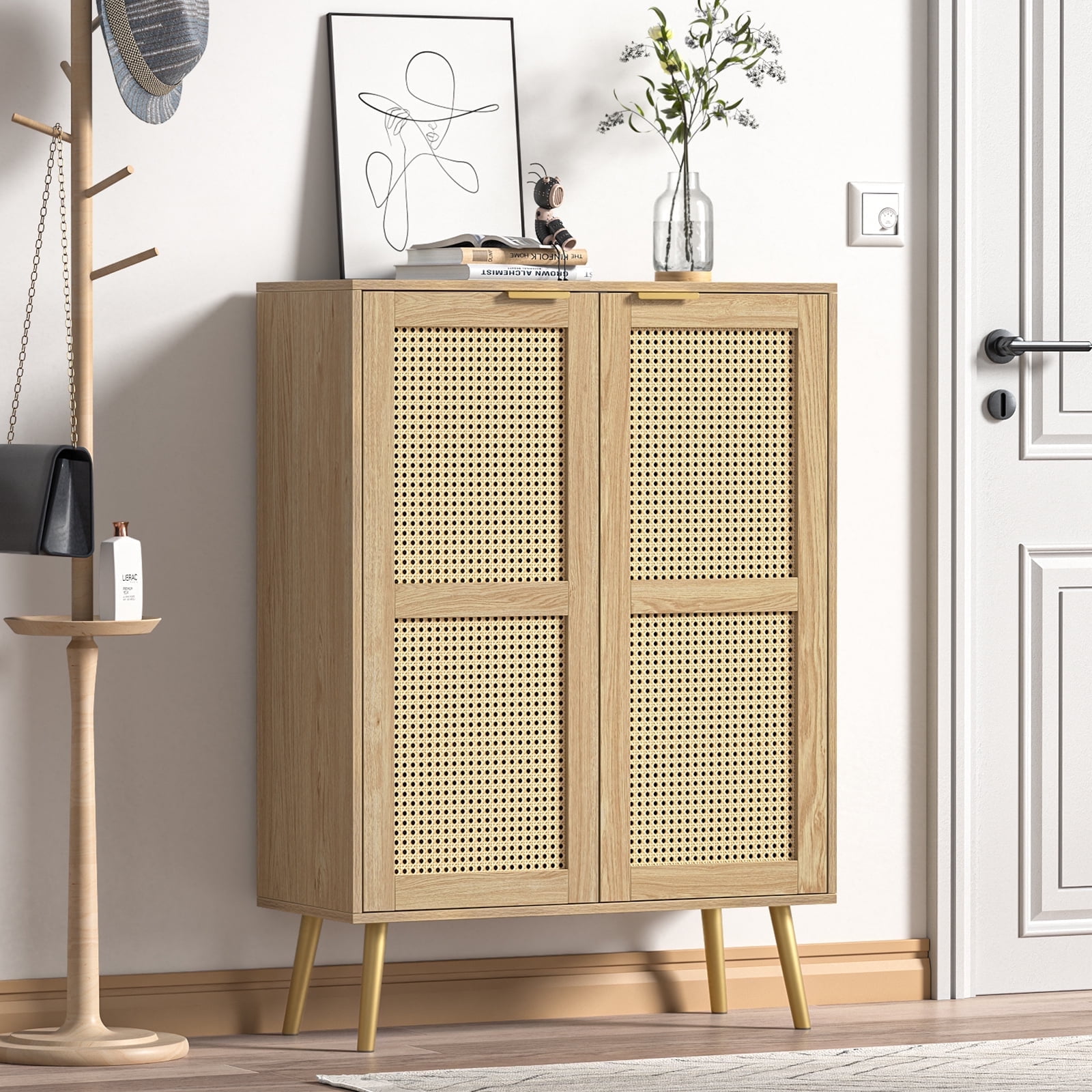 Eumyviv Rattan Storage Cabinet, Mid Century Tall Sideboard for Living Room Dining Room, Oak GN003
