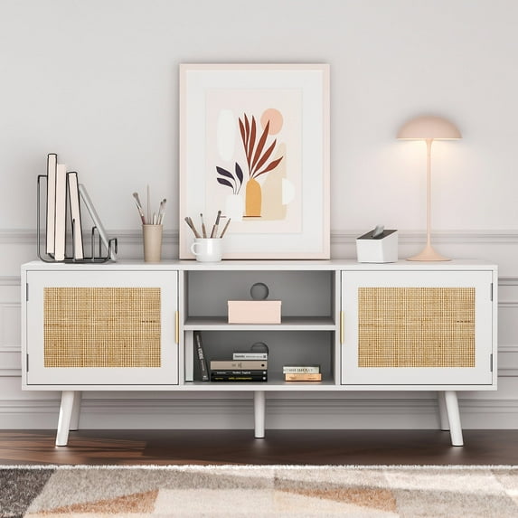 Eumyviv Rattan TV Stand for TV's up to 55", Mid-Century Media Entertainment Center with Storage Cabinet, Wood TV Stands Console for Living Room,White,H0055