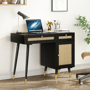 Eumyviv Rattan Writing Desk, Computer Desk Workstation Laptop Table with 2 Drawers and 1 Storage, Office Desk for Office Study Room, Black D0005