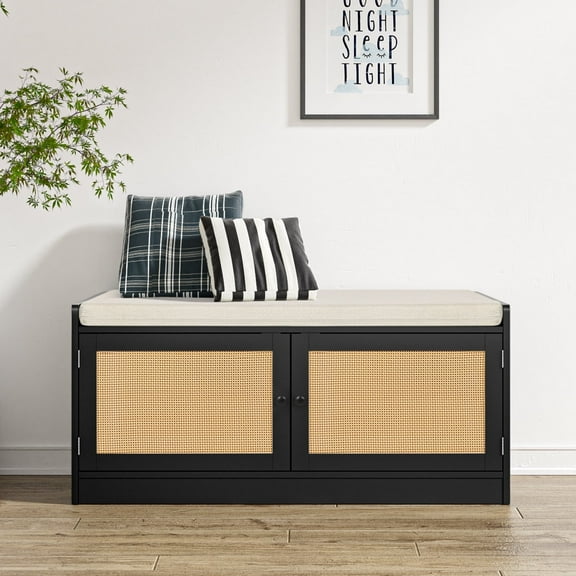 Eumyviv Shoe Bench with Storage Cabinets, Rattan Storage Bench with 2-Door Seating Cushion and Adjustable Shelves for Hallway Mudroom Walk-in Closet, Black S0006