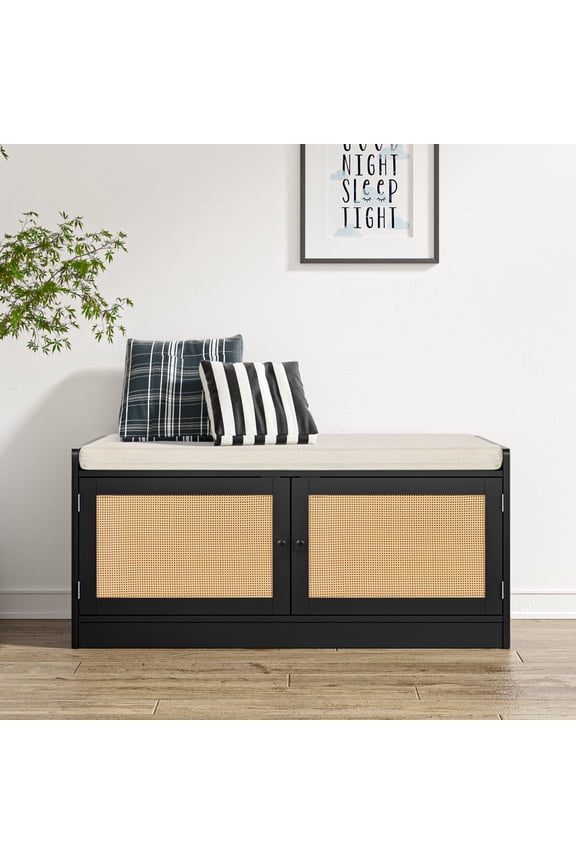 Shoe Bench with Storage Cabinets, Rattan Storage Bench with 2-Door Seating Cushion and Adjustable Shelves for Hallway Mudroom Walk-in Closet, Black S0006