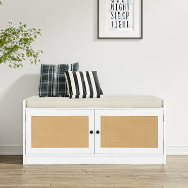 Eumyviv Shoe Bench with Storage Cabinets, Rattan Storage Bench with 2-Door Seating Cushion and Adjustable Shelves for Hallway Mudroom Walk-in Closet, White S0005