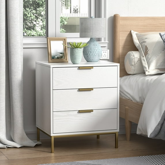 Eumyviv White Nightstand, Wood Beside Table with 3 Drawers Farmhouse Side Table for Bedroom Living Room, White H0148