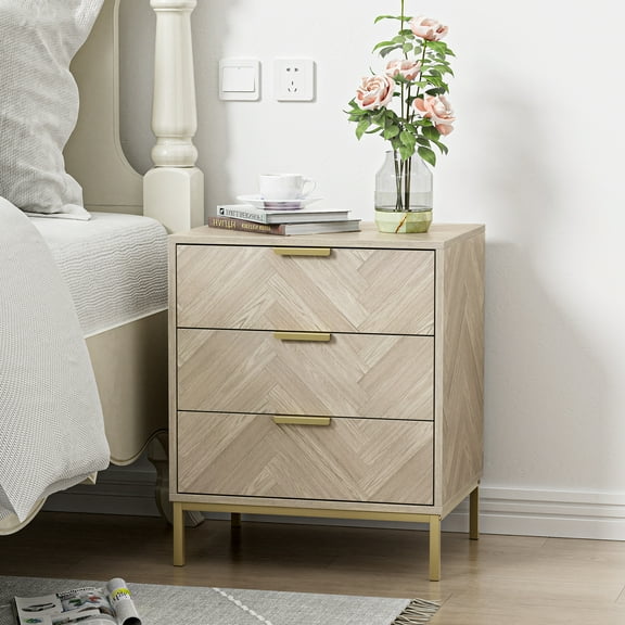 Eumyviv Rustic Metal & Wood 3 Drawer Nightstand, Herringbone Pattern Side Table, Oak Finish