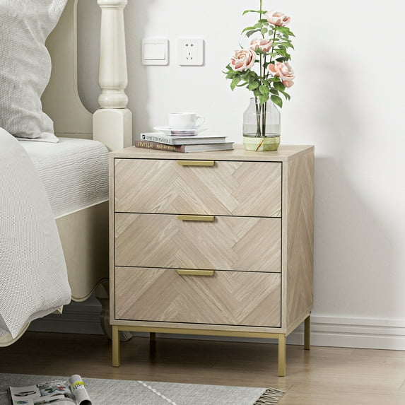 Eumyviv Rustic Metal & Wood 3 Drawer Nightstand, Herringbone Pattern Side Table, Oak Finish