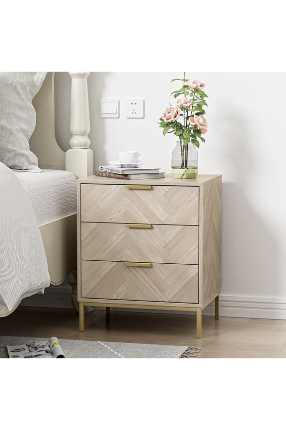 Rustic Metal & Wood 3 Drawer Nightstand, Herringbone Pattern Side Table, Oak Finish