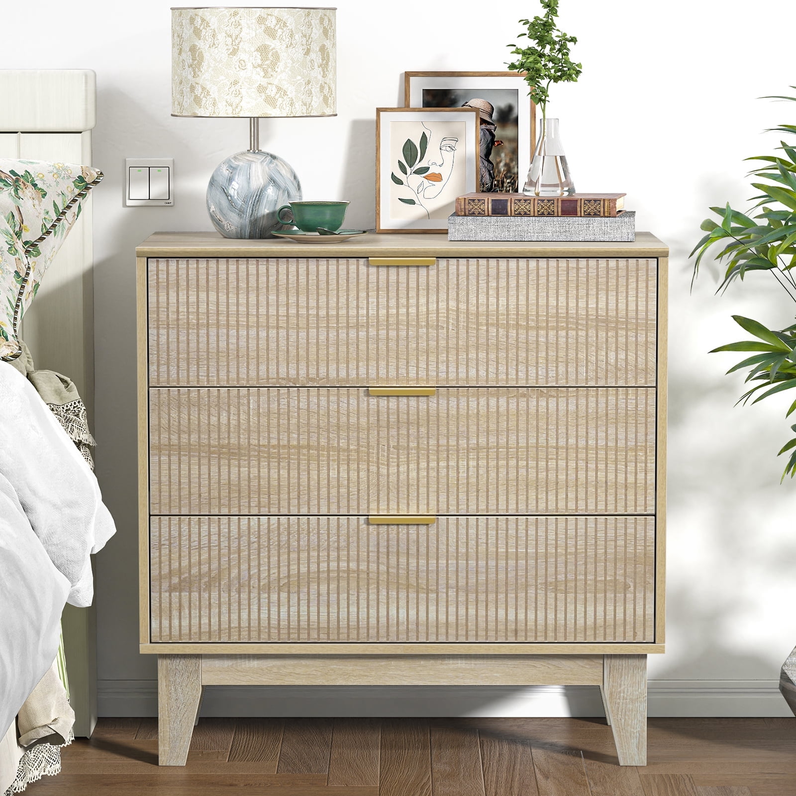 Eumyviv 3 Drawer Dresser Chest of Drawers for Bedroom,  Mid Century Modern Wood Oak Closet Storage Dresser Suitable for Living Room, Nursery, and Hallway