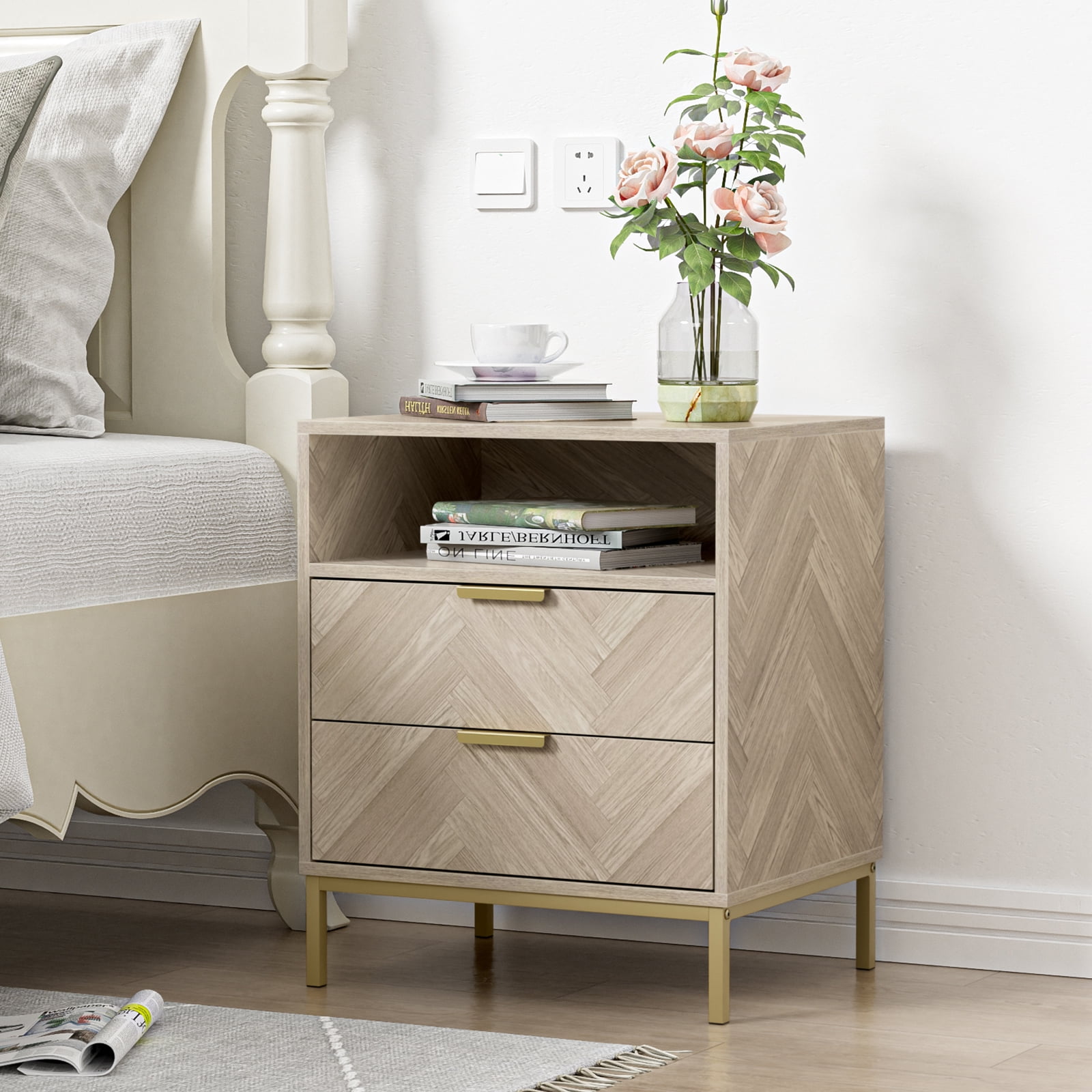 Eumyviv Mid-Century Nightstand, Herringbone Pattern End Eumyviv Mid-Century Nightstand, Herringbone Pattern End