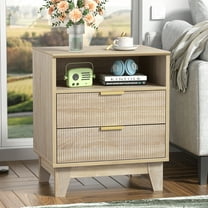 Eumyviv Wood Nightstand, Modern End Table with 2 Drawer and One Open Shelf Side Table for Living Room Bedroom, Oak H0159