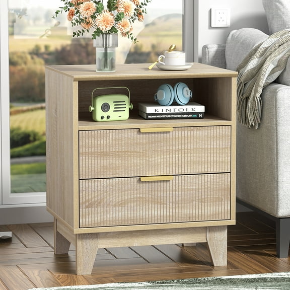 Eumyviv Wood Nightstand, Modern End Table with 2 Drawer and One Open Shelf Side Table for Living Room Bedroom, Oak H0159