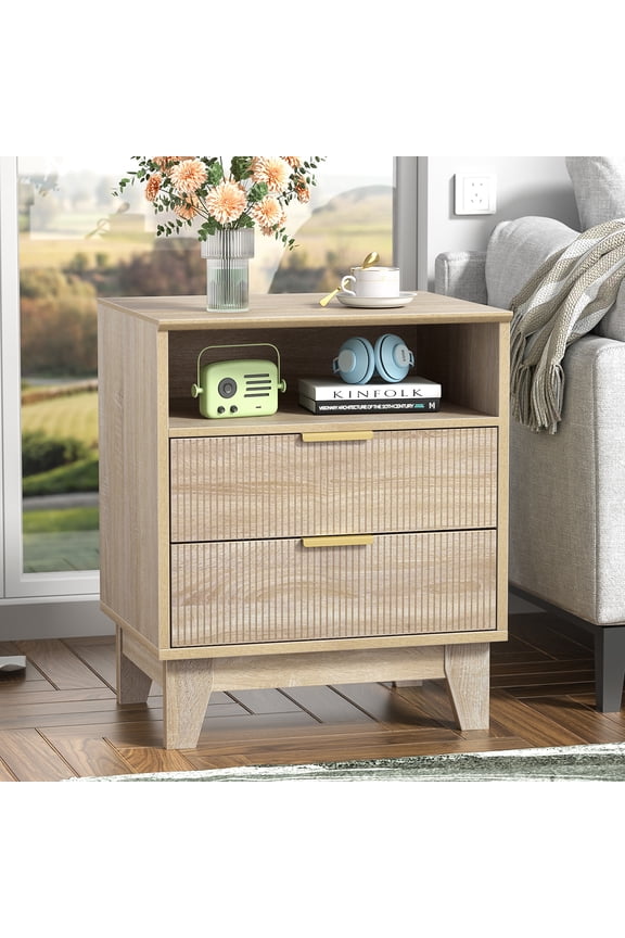 Wood Nightstand, Modern End Table with 2 Drawer and One Open Shelf Side Table for Living Room Bedroom, Oak H0159