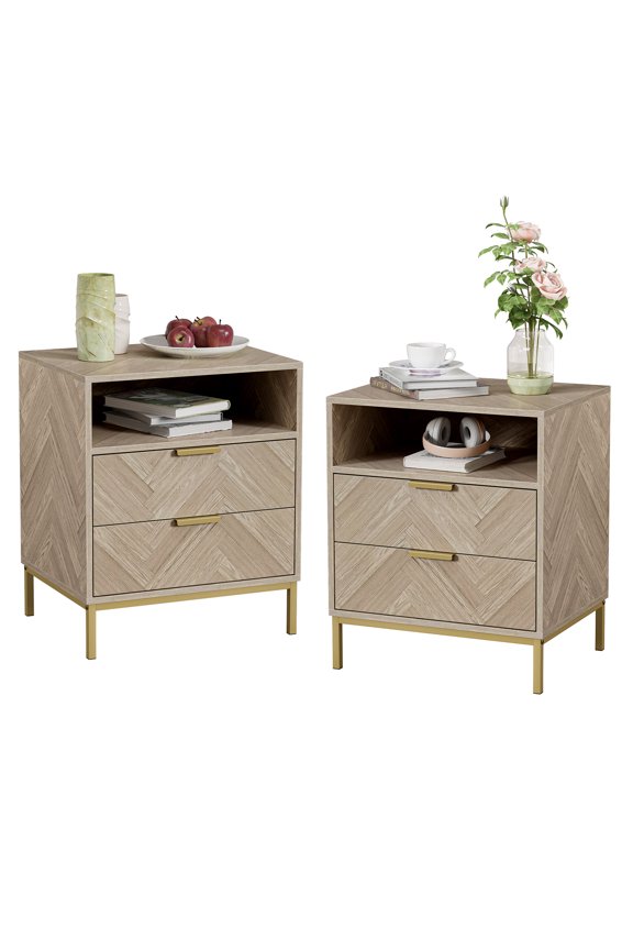 Wood Nightstand, Modern Set of 2 End Table with 2 Drawer and One Open Shelf, Bedside Table with Storage for Bedroom, Sofa side, Oak