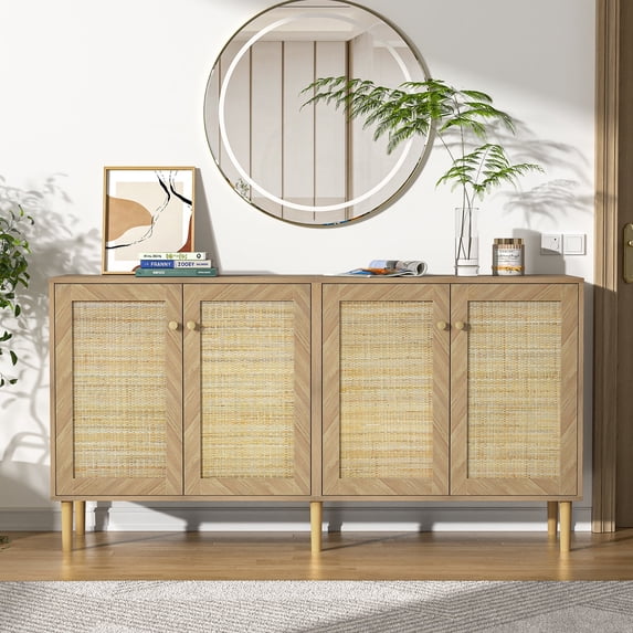 Eumyviv Rattan Storage Cabinet with 4 Doors, Mid-Century Accent Sideboard Cabinets, Herringbone Buffets Storage Credenzas for Bedroom Living Room, Oak H0142