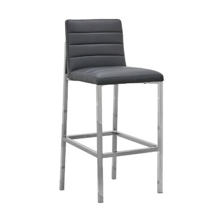 Eun 30 Inch Faux Leather Channel Barstool, Chrome, Set of 2, Dark Gray