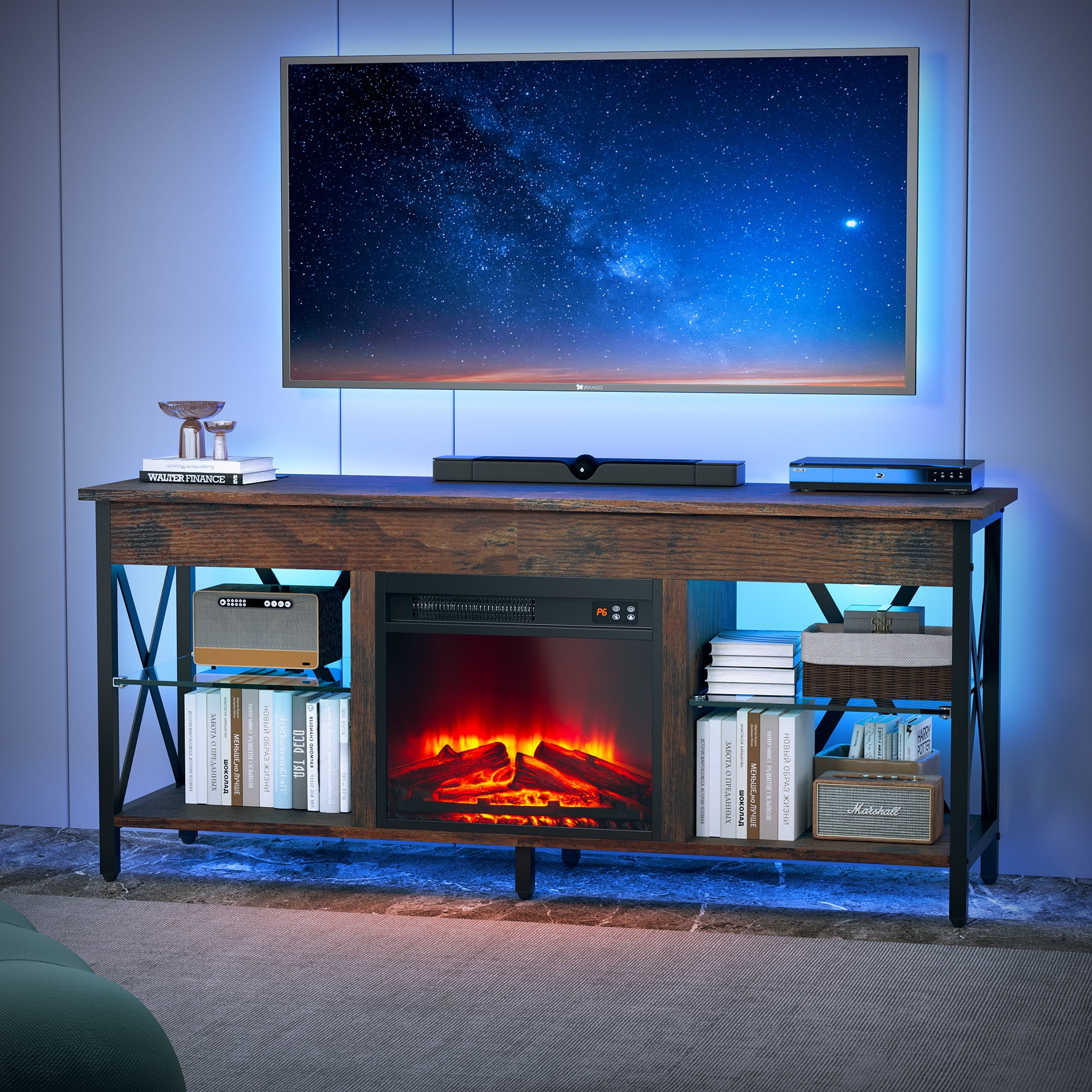 Eunon Fireplace TV Stand with Led Lights and Power Outlets, Media ...