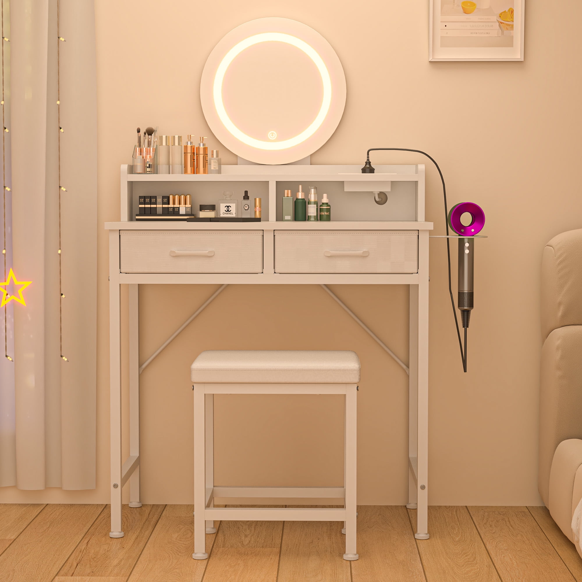 Eunon Vanity Desk with Mirror,USB Port & Stool,3 Color Modes & Adjustable Brightness, White