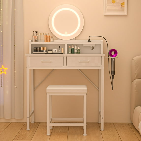 Eunon Vanity Desk with Mirror,USB Port & Stool,3 Color Modes & Adjustable Brightness, White