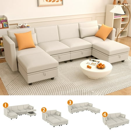 Eunon Modular Sectional Couch with Storage U Shape Chenille Sectional Couch With Reversible Ergonomic Chaises, Beige