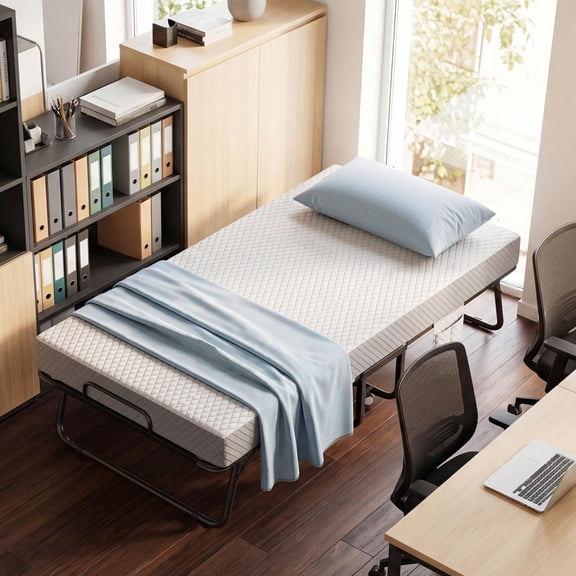 Eunos 38 Inch Portable Folding Bed with Memory Foam Mattress, Portable Bed Rollaway Guest Cot Bed for Home Office Camping, Black