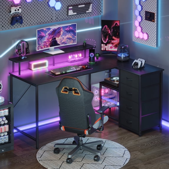 Eunos 53 inch L Shaped Gaming Desk with Power Outlets & LED Light, Computer Desk with 4 Tiers Drawers for Home Office, Black