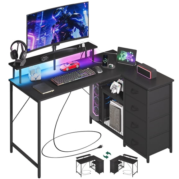 Eunos 53 inch L Shaped Gaming Desk with Power Outlets & LED Light, Computer Desk with 4 Tiers Drawers for Home Office, Black