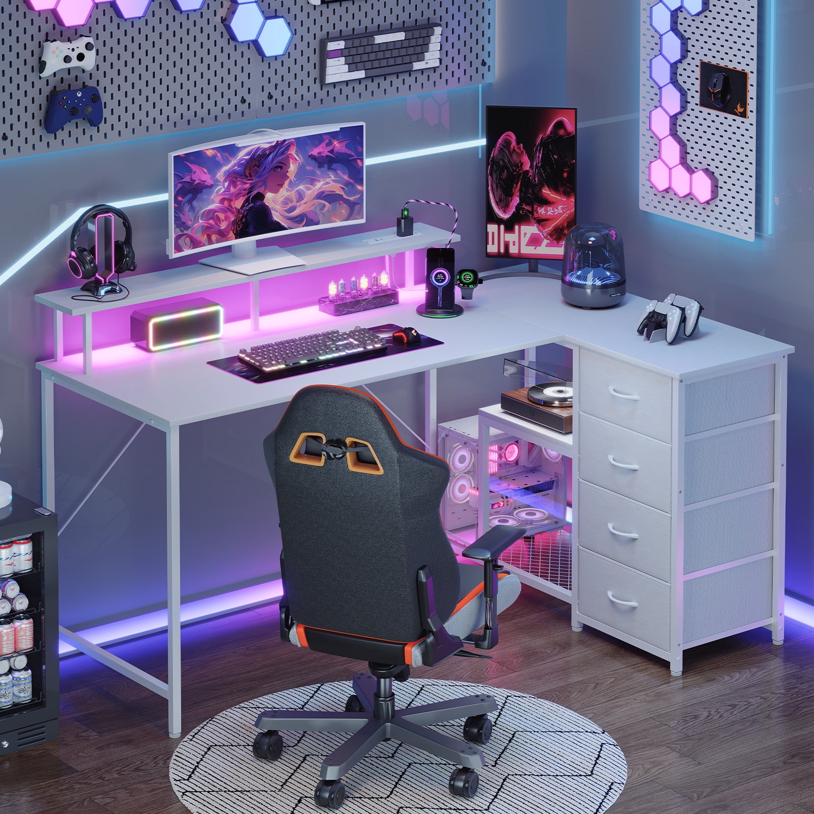 Eunos 53 inch L Shaped Gaming Desk with Power Outlets & LED Light, Computer Desk with 4 Tiers Drawers for Home Office, White