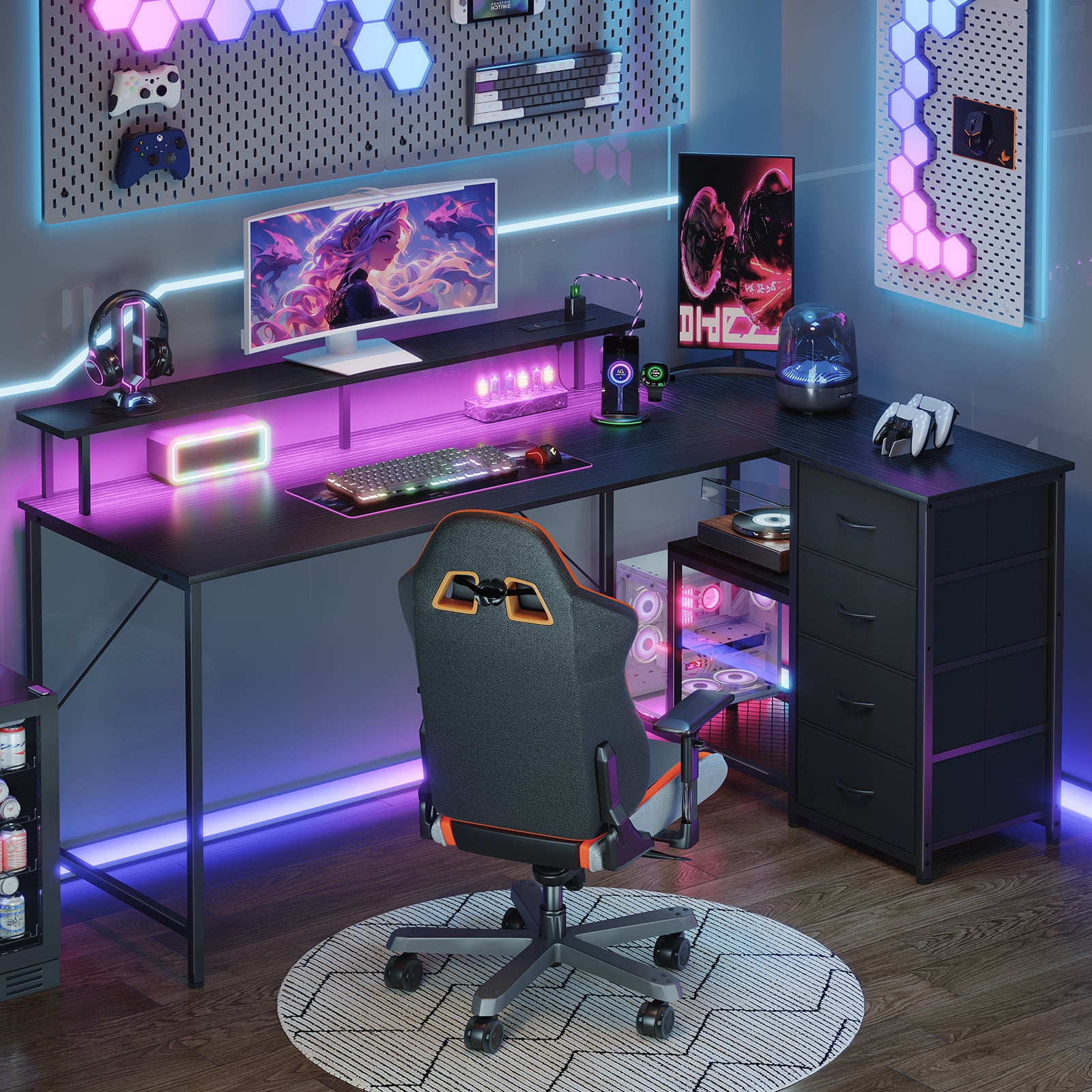Eunos 61 inch L Shaped Gaming Desk with Power Outlets & LED Light, Computer Desk with 4 Tiers Drawers for Home Office, Black