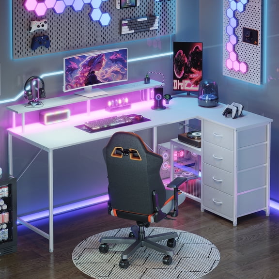 Eunos 61 inch L Shaped Gaming Desk with Power Outlets & LED Light, Computer Desk with 4 Tiers Drawers for Home Office, White