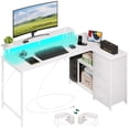thumbnail image 1 of Eunos 61 inch L Shaped Gaming Desk with Power Outlets & LED Light, Computer Desk with 4 Tiers Drawers for Home Office, White, 1 of 9