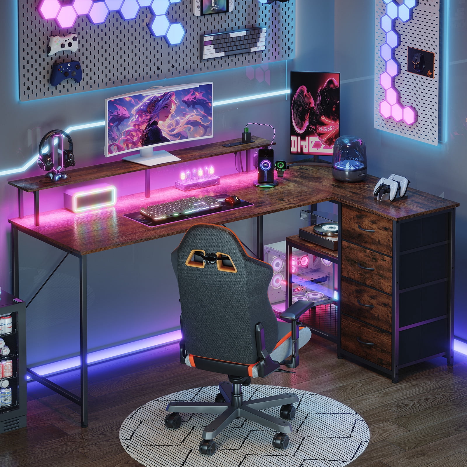 Eunos 61 inch L Shaped Gaming Desk with Power Outlets & LED Light, Computer Desk with 4 Tiers Drawers for Home Office, Wood Grain Print