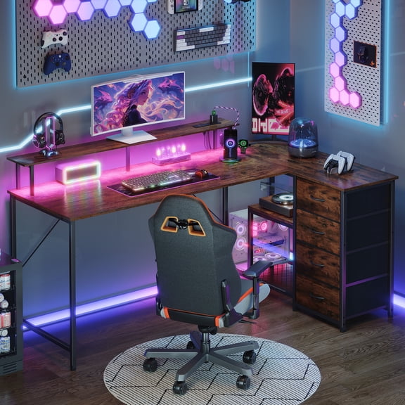 Eunos 61 inch L Shaped Gaming Desk with Power Outlets & LED Light, Computer Desk with 4 Tiers Drawers for Home Office, Wood Grain Print