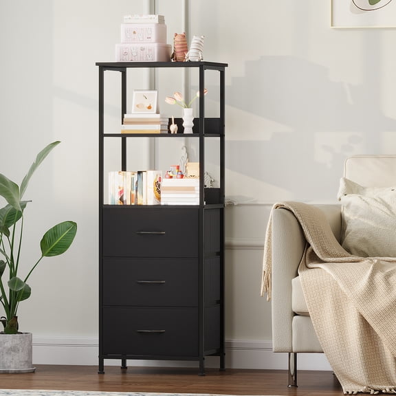 Eunos 6 Tier Black Bookcase with Drawers, 3 Removable Drawer Ladder Bookshelf, Bedroom Study
