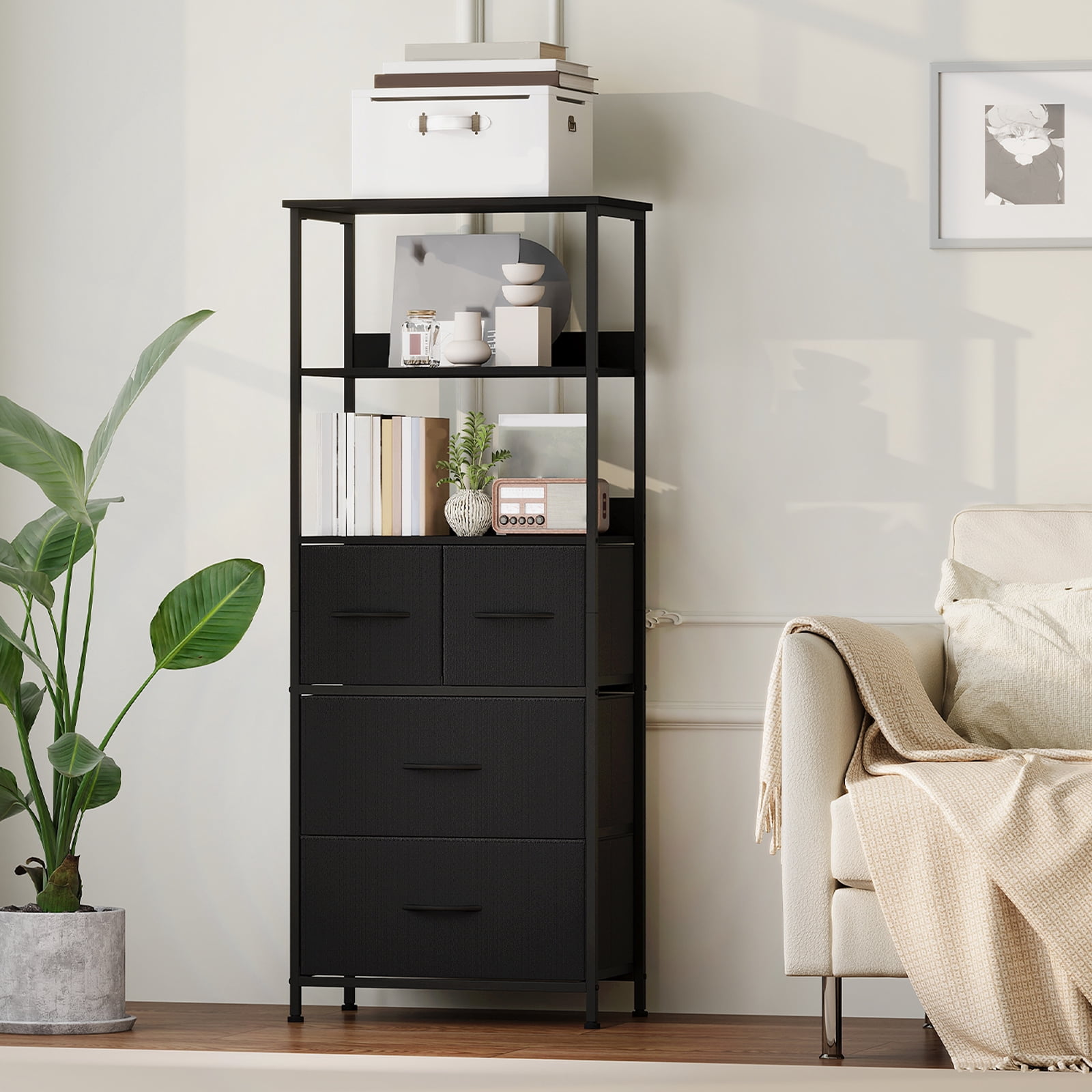 Removable Window Bookcase Eunos 6 Tier Black Tall Bookcase with Drawers, 4 Removable Drawer ...
