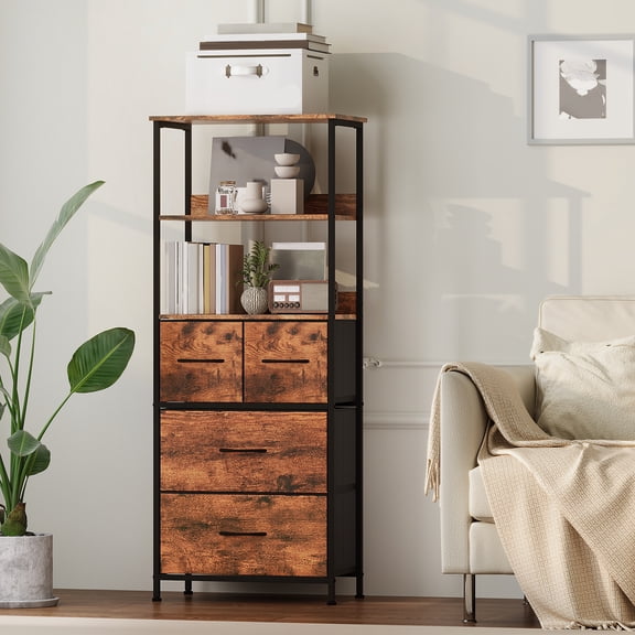 Eunos 6 Tier Tall Bookcase with Drawers, 4 Removable Drawer Ladder Bookshelf, Bedroom Study, Wood Grain Print