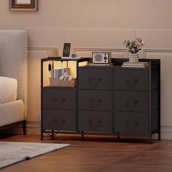 Eunos 8 Wide Black Drawers Dresser with Charging Station and Open Shelf for Bedroom Closet Dorm