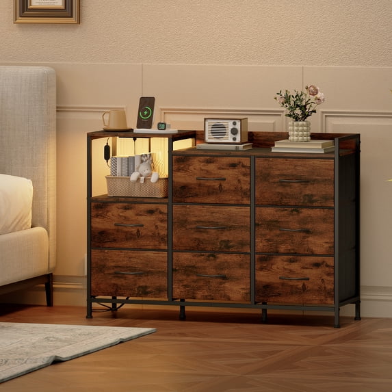 Eunos 8 Wide Drawers Dresser with Charging Station and Open Shelf for Bedroom Closet Dorm, Wood Grain Print