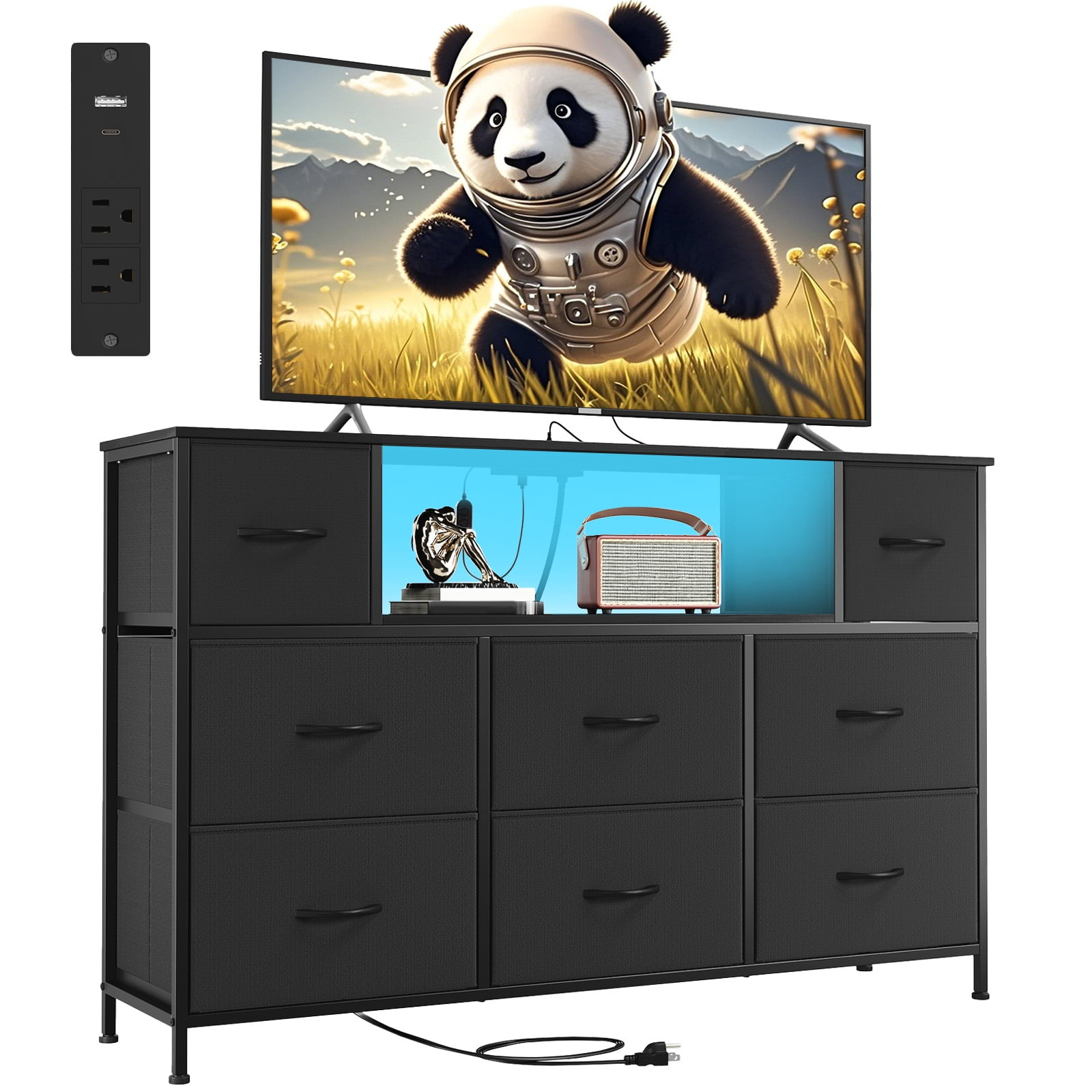 Eunos Black Tv Stands for 65" Tv with 8 Drawers, LED & Power Outlets for Bedroom, Living Room
