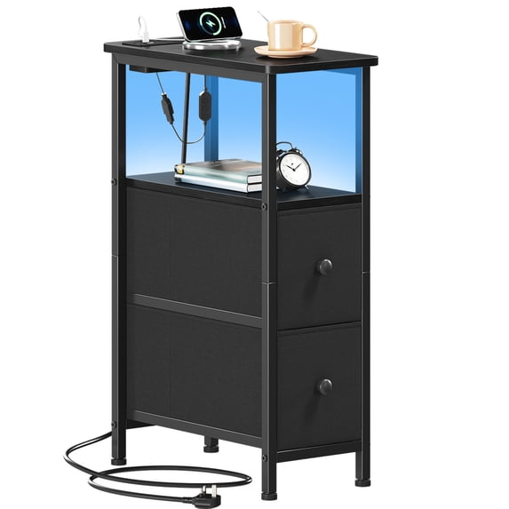 Eunos Black End Table with Charging Station, Narrow Long Nightstand with Open Shelf and 2 Fabric Drawer
