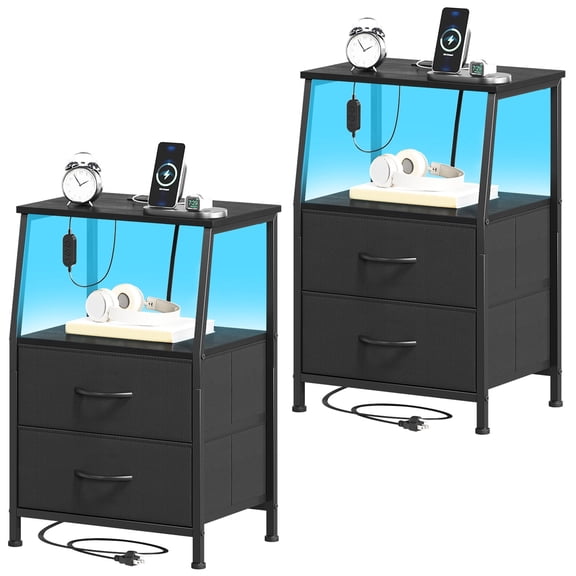 Eunos Black Small Nightstand with Charging Station, 2 Drawer Bedside Table Set of 2 for Bedroom, Living Room