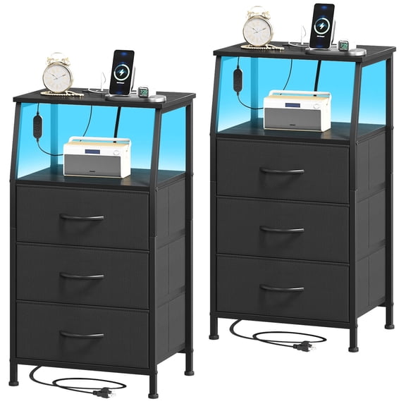 Eunos Black Small Nightstand with Charging Station, 3 Drawer Bedside Table Set of 2 for Bedroom, Living Room