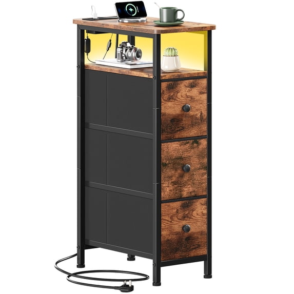 Eunos End Table with Charging Station, Narrow Long Nightstand with Open Shelf and 3 Fabric Drawer, Wood Grain Print