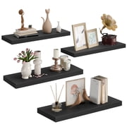 Eunos Floating Shelves for Wall, 16 inch 4 Pack Wood Shelves for Bathroom, Bedroom, Living Room, Kitchen, Black