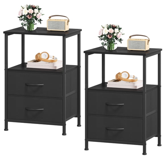 Eunos Nightstand End Table, 2 Drawer Black Small Bedside Table Set of 2 for Bedroom, Living Room