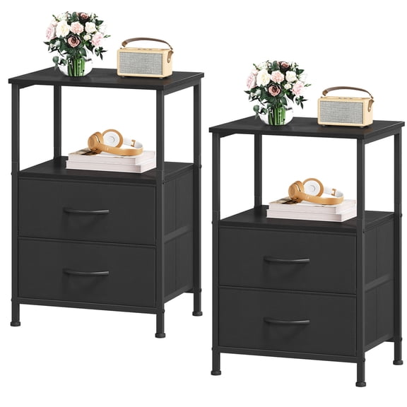 Eunos Nightstand End Table, 2 Drawer Black Small Bedside Table Set of 2 for Bedroom, Living Room