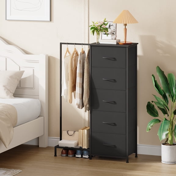 Eunos Nightstand with 5 Fabric Drawers and Hanging Rack for Bedroom Living Room, Wood Grain Print