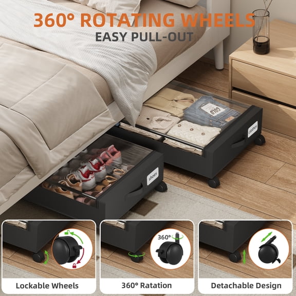 Eunos Under Bed Storage with Wheels, 2 Pack Under Bed Storage Containers with Clear Lid and Handles, Storage Organizer Bins