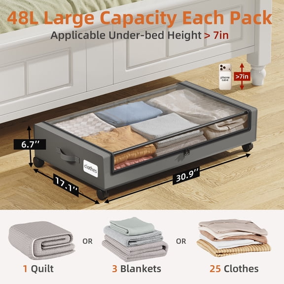 Eunos Under Bed Storage with Wheels, 2 Pack Underbed Storage Containers with Clear Lid and Handles, Storage Organizer Bins, Gray