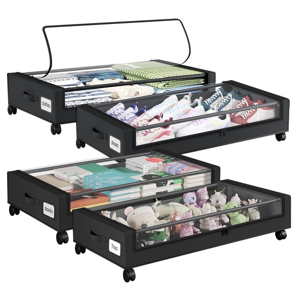Eunos Under Bed Storage with Wheels, 4 Pack Under Bed Storage Containers with Clear Lid and Handles, Storage Organizer Bins